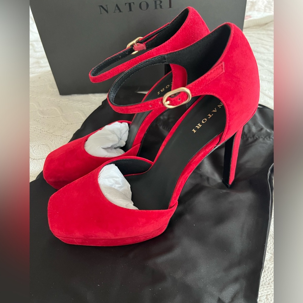 Natori “Sae” Vibrant Red Suede 4.5 inch heels Designer, Various Sizes